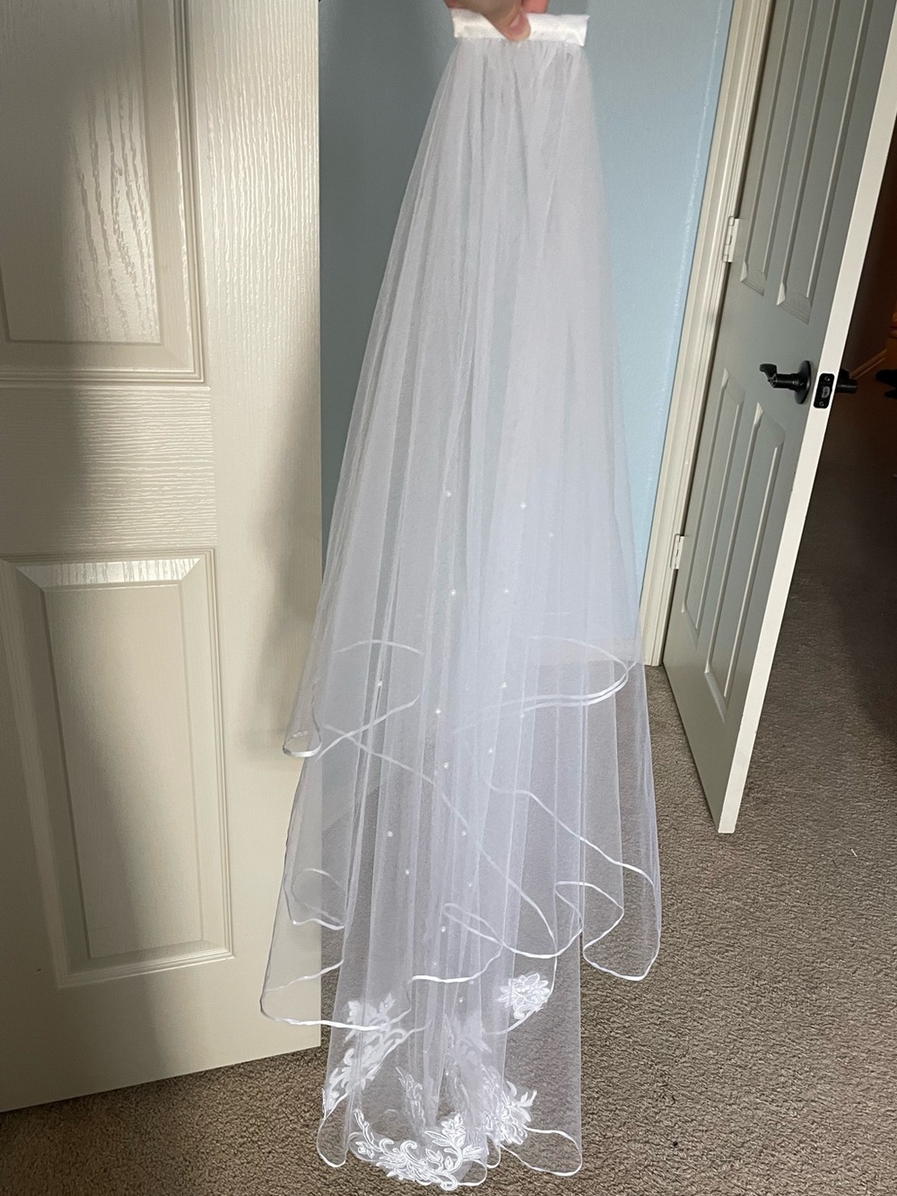 Wedding veil with blusher, pearl detail, and lace appliqué